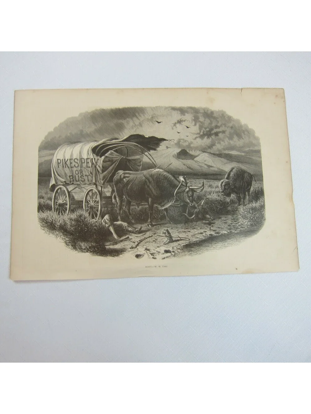 Antique 1873 Engraving Print Pikes Peak or BUST! W.M. Cary Wagon Indian Attack